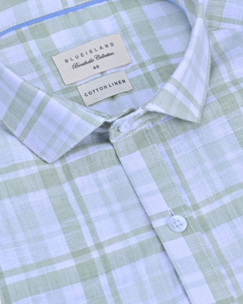 Sage Green & white Box Checks -Full-Cotton Linen Shirt