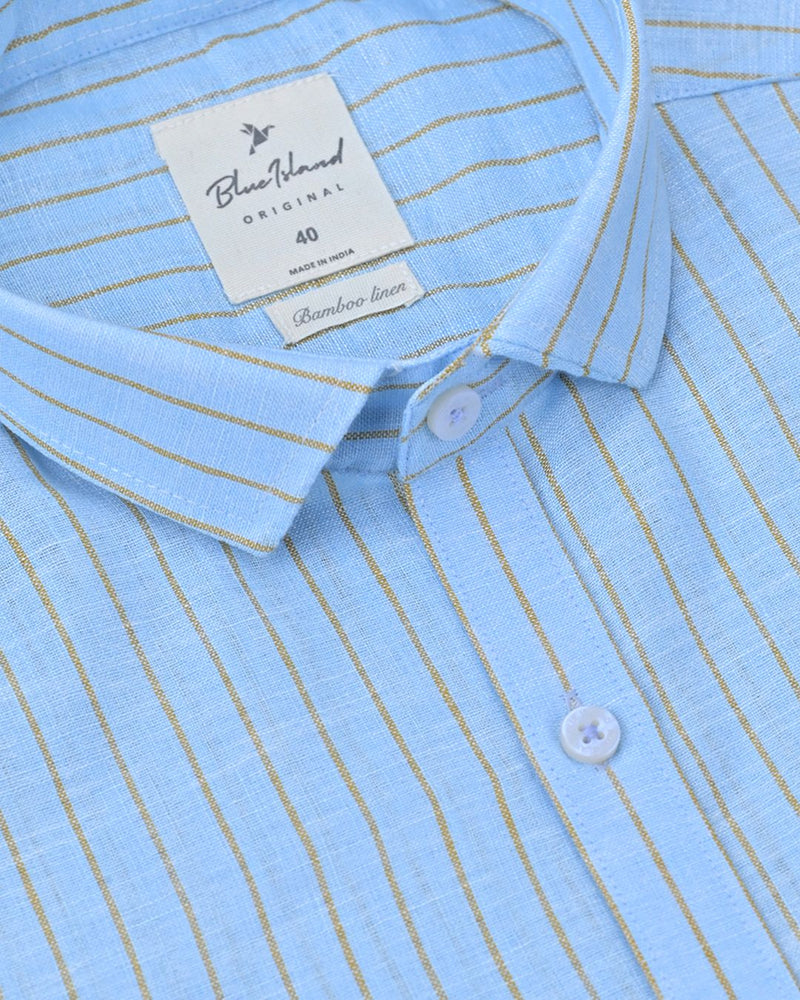 Sky Blue & Brown Line Stripes -Full-Bamboo Linen