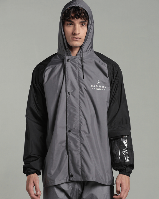 Grey with Black Sleeve - Rain Jacket with Pant & Mobile Pouch
