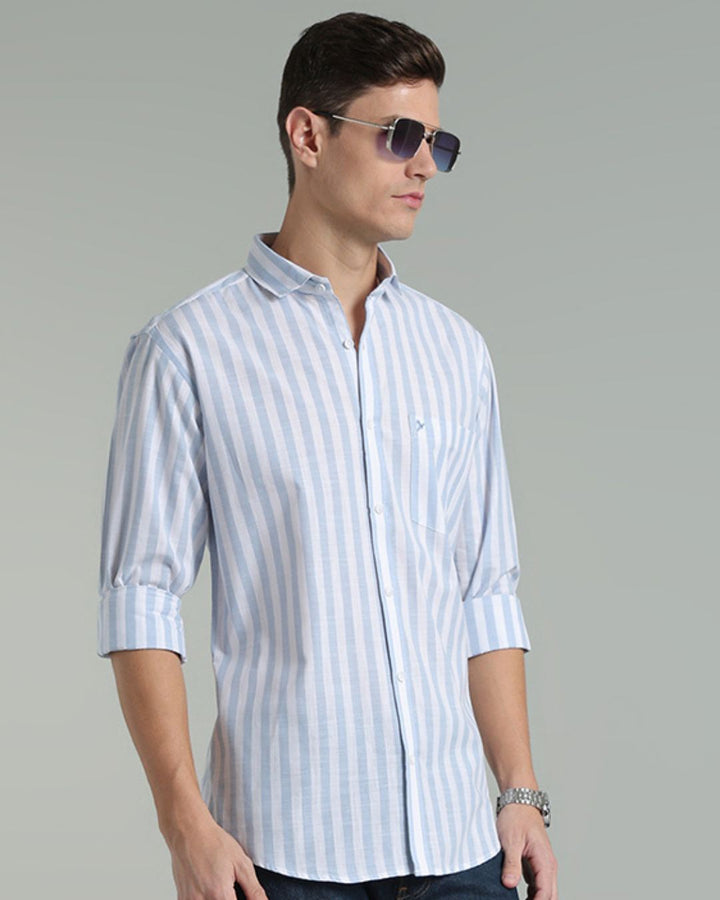 White & Blue Bold Stripes -Full-Cotton Linen Shirt