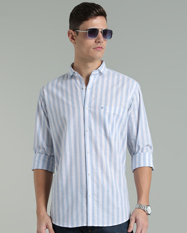 White & Blue Bold Stripes -Full-Cotton Linen Shirt