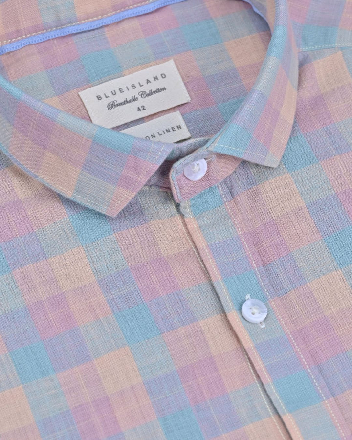 Pastel Blue & Yellow Box Checks -Full-Cotton Linen Shirt