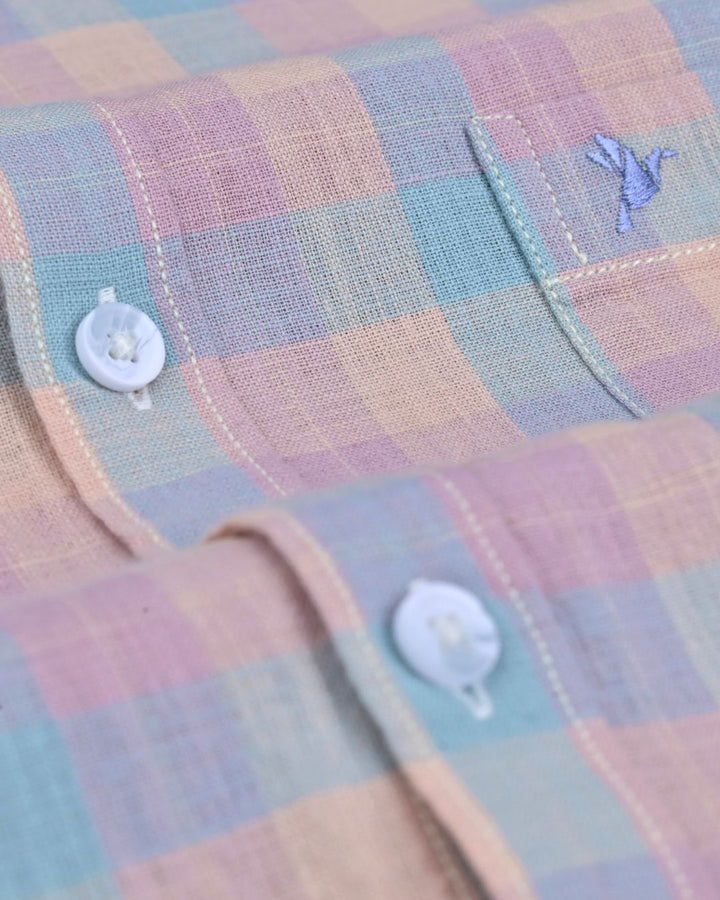 Pastel Blue & Yellow Box Checks -Full-Cotton Linen Shirt