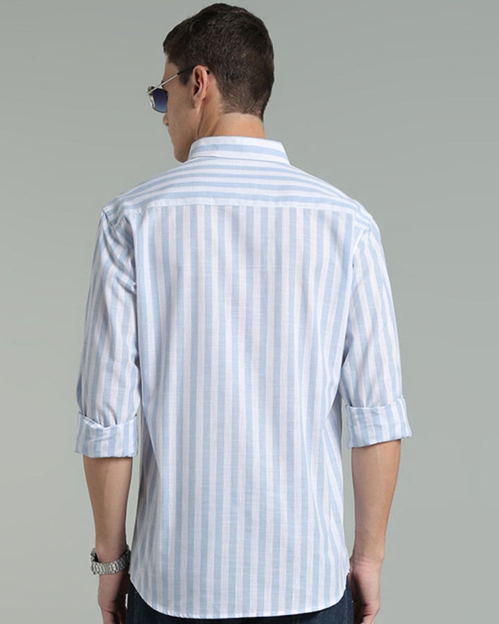 White & Blue Bold Stripes -Full-Cotton Linen Shirt