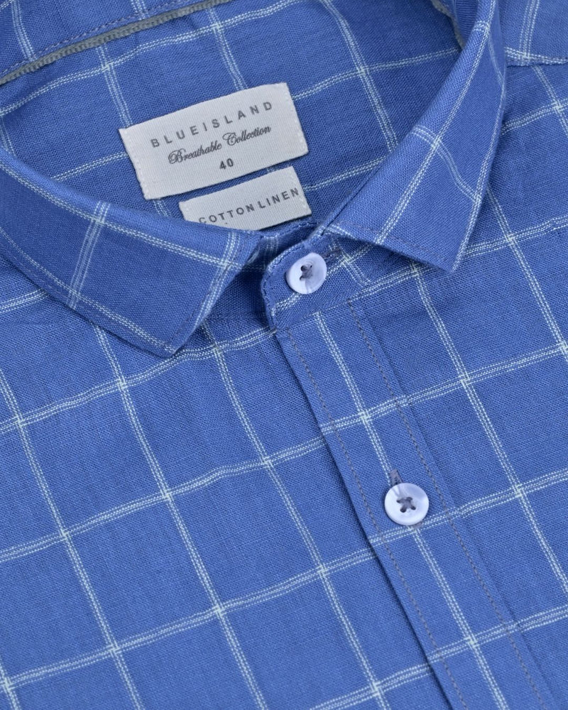 Blue Dotted Checks -Full-Cotton Linen Shirt