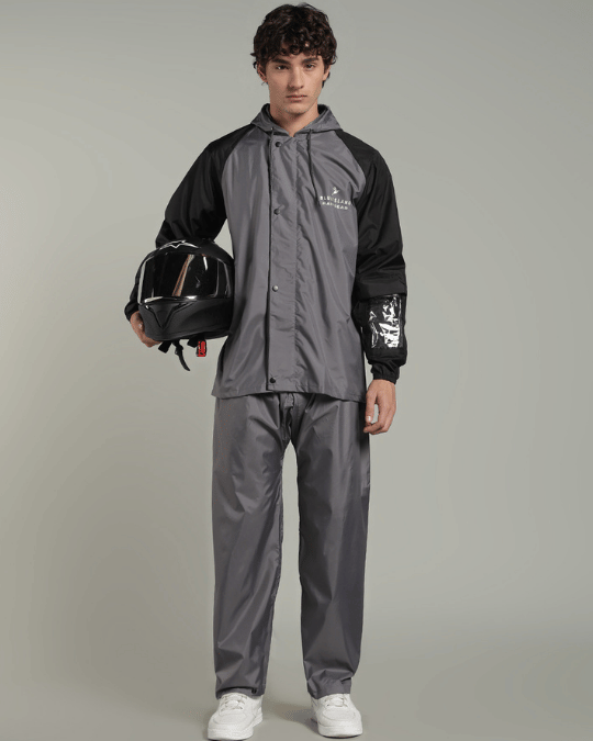 Grey with Black Sleeve - Rain Jacket with Pant & Mobile Pouch