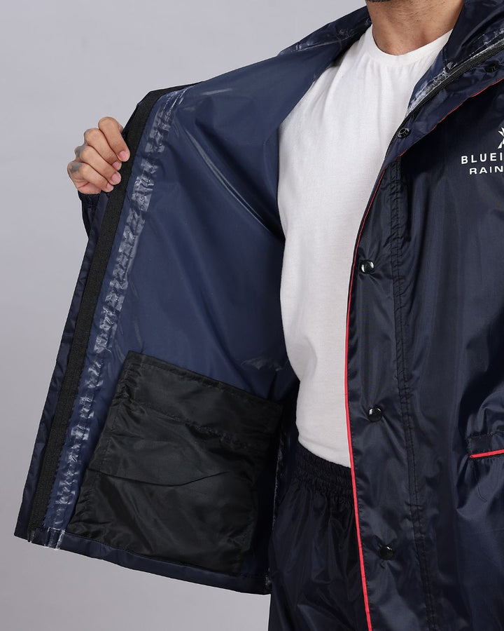 Navy with Red Border - Rain Jacket with Pant and Mobile Pouch