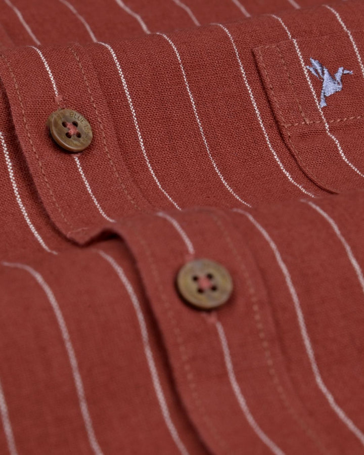 Rust Red Solo Stripes-Full-Cotton Linen Shirt