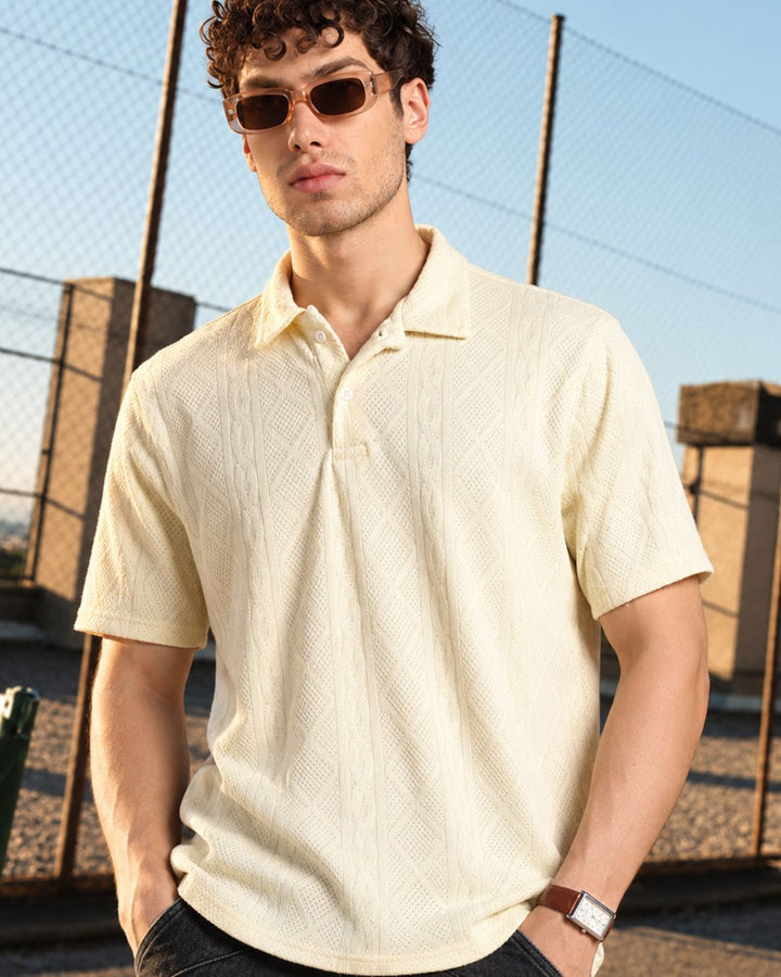 Ivory Cream Infinity Textured - Polo Tshirt