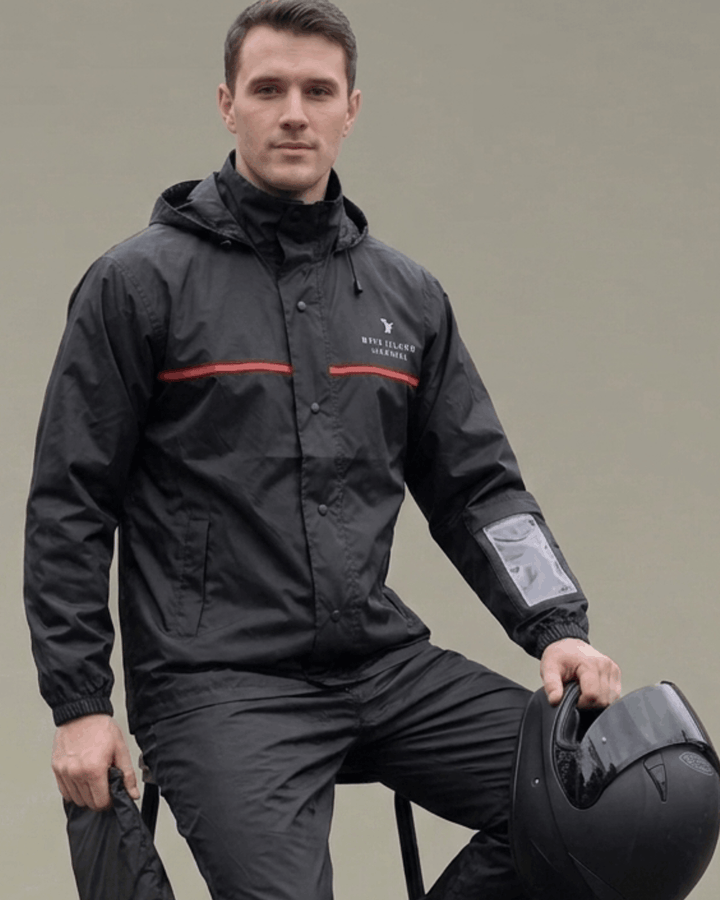 Black with Red Chest Pipe  - Rain Jacket with Pant and Mobile Pouch