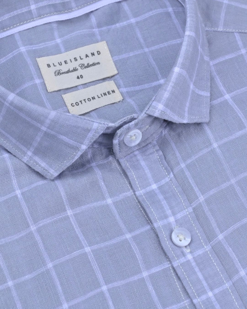 Silver Grey & White Checks - Half Sleeve -Cotton Linen Shirt