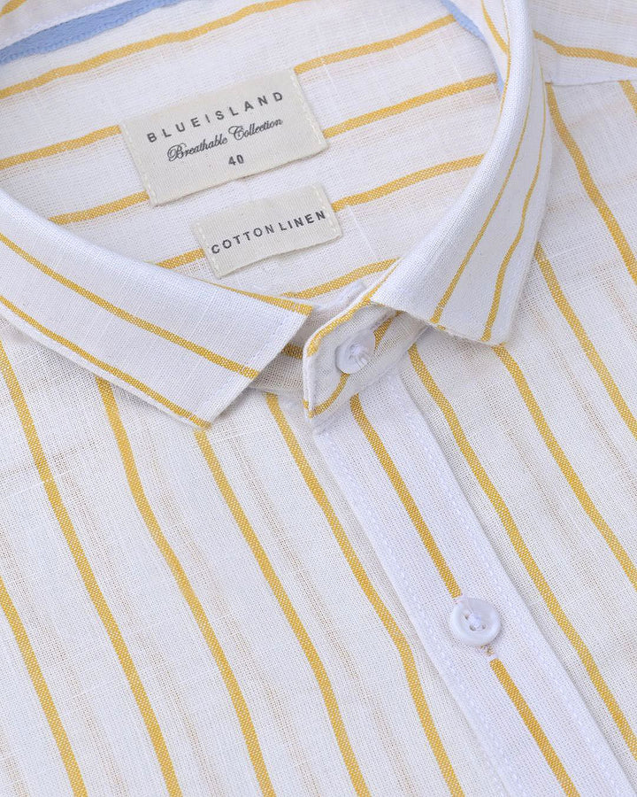 White & Golden Line Stripes-Full-Cotton Linen Shirt