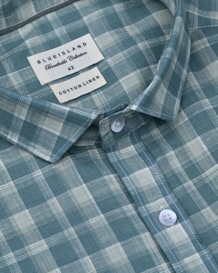 Teal Green Checks -Full-Cotton Linen Shirt