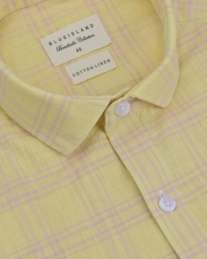 Bright Yellow & Pink Line Checks -Full-Cotton Linen Shirt