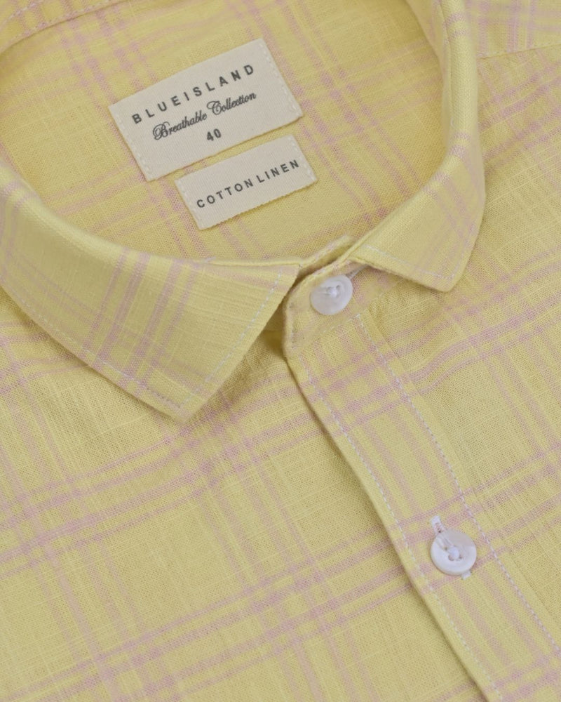 Bright Yellow & Pink Line Checks -Full-Cotton Linen Shirt