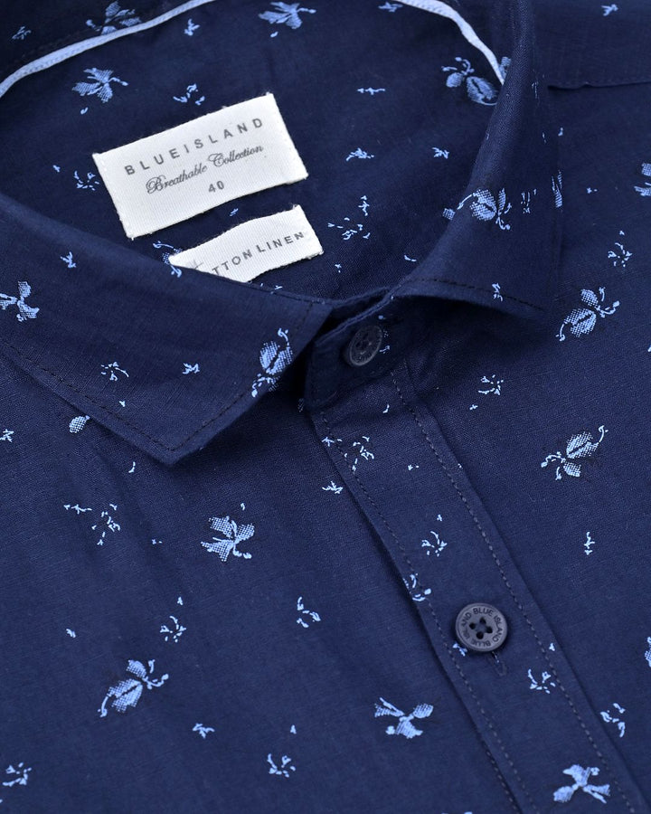 Navy Mosaic Print-Full-Cotton Linen Shirt