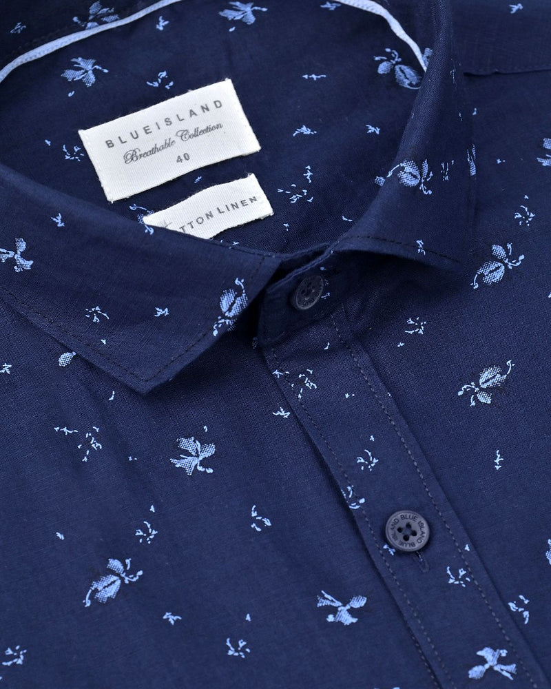 Navy Mosaic Print-Full-Cotton Linen Shirt