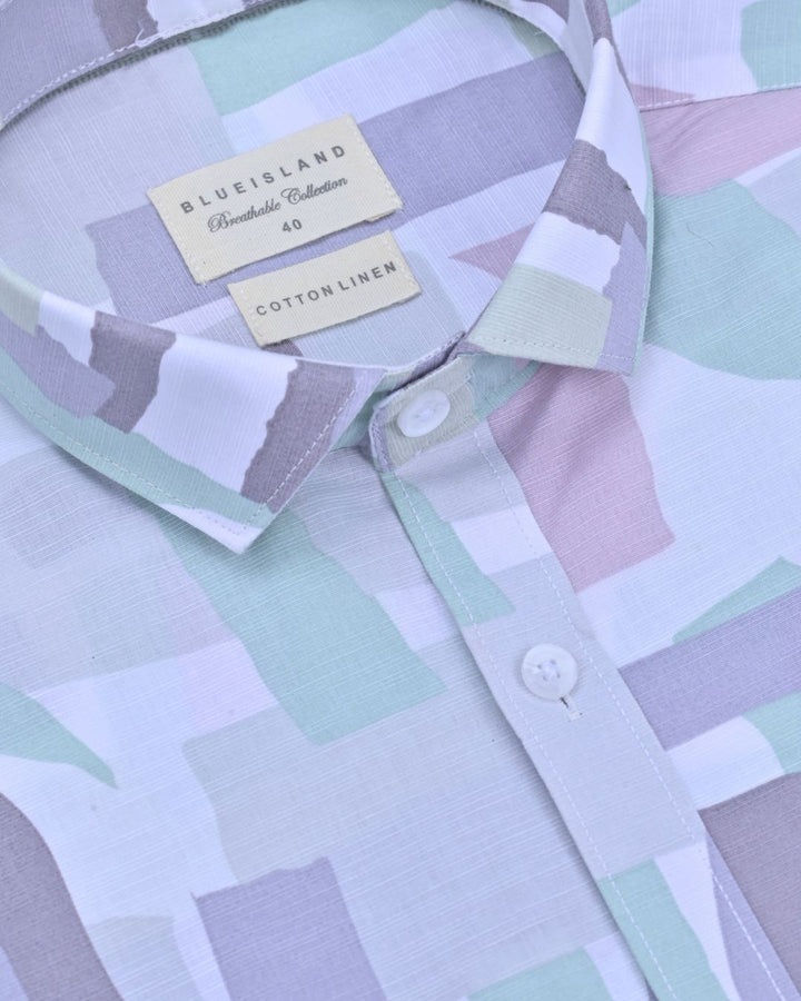 Green Pastel Print-Full-Cotton Linen Shirt