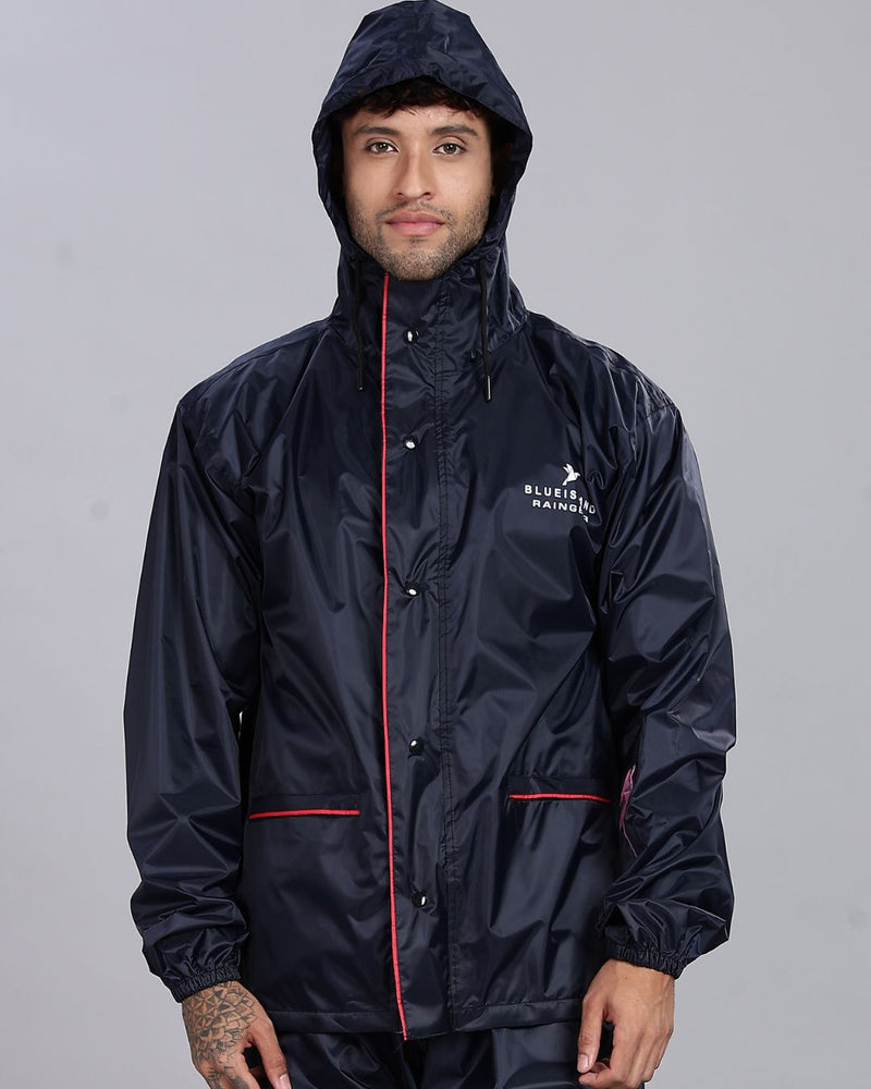 Navy with Red Border - Rain Jacket with Pant and Mobile Pouch