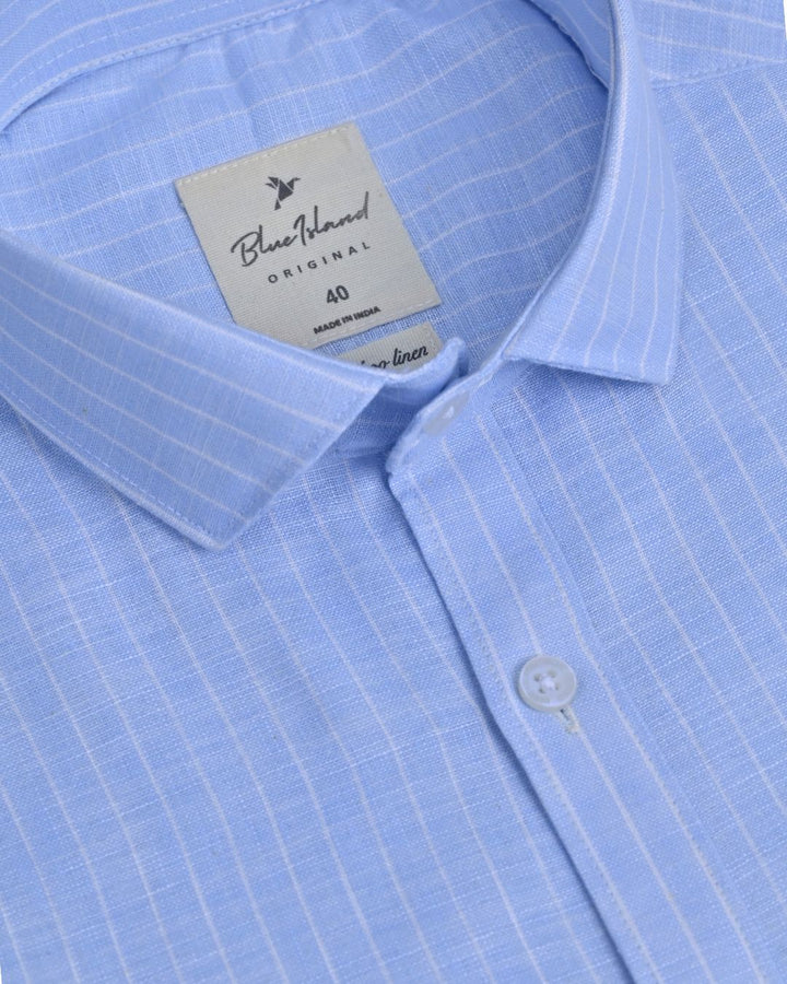 Sky Blue & White Mini Stripes -Full-Bamboo Linen
