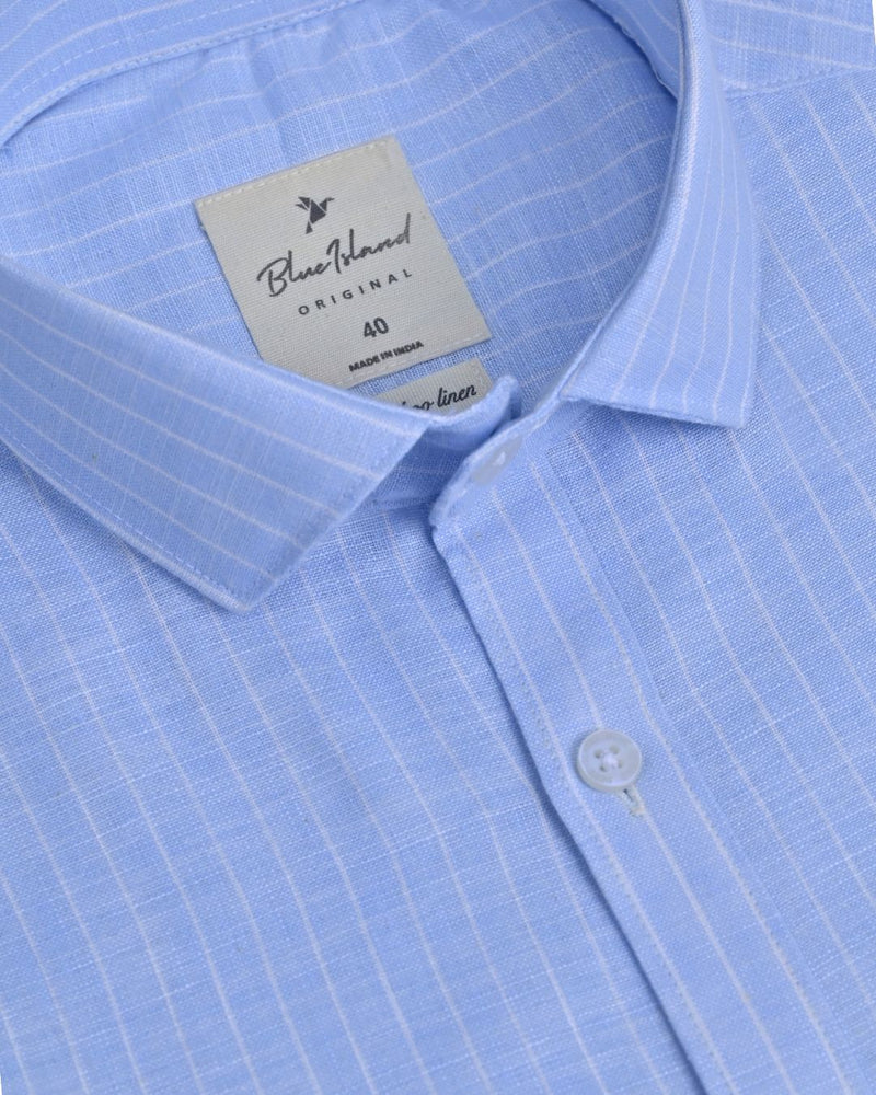 Sky Blue & White Mini Stripes -Full-Bamboo Linen