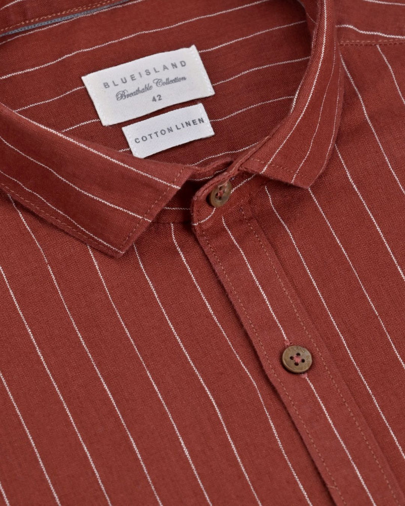 Rust Red Solo Stripes-Full-Cotton Linen Shirt