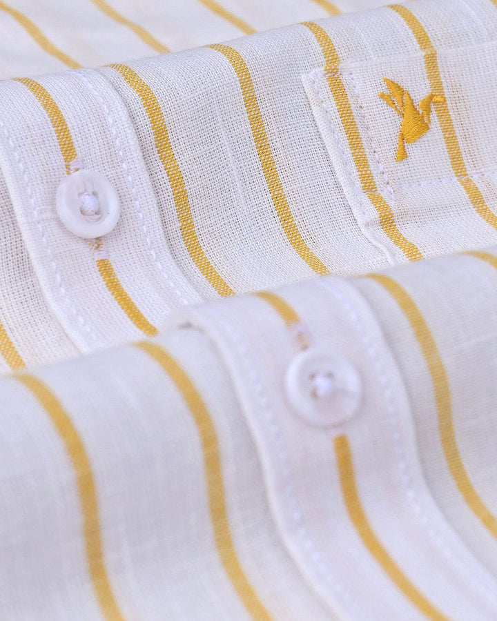 White & Golden Line Stripes-Full-Cotton Linen Shirt