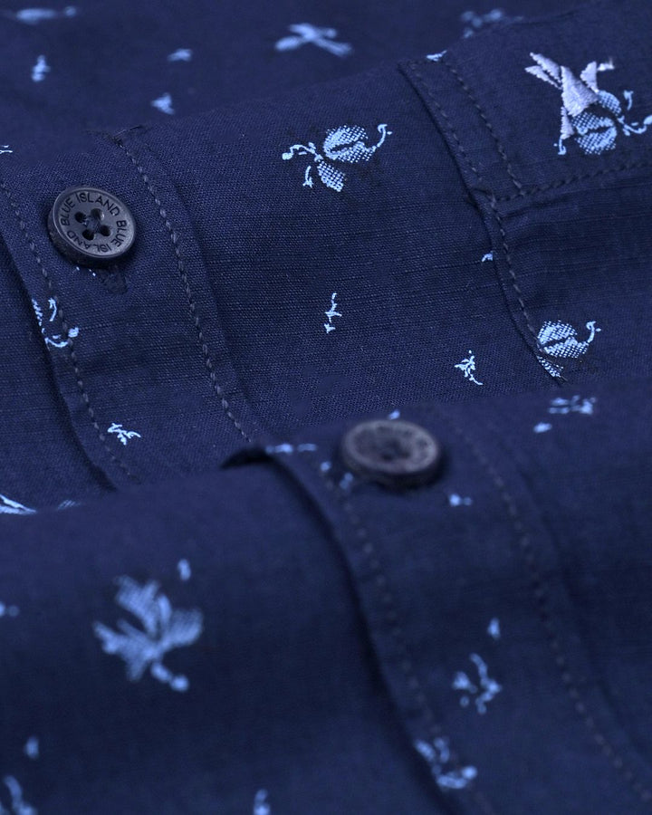 Navy Mosaic Print-Full-Cotton Linen Shirt