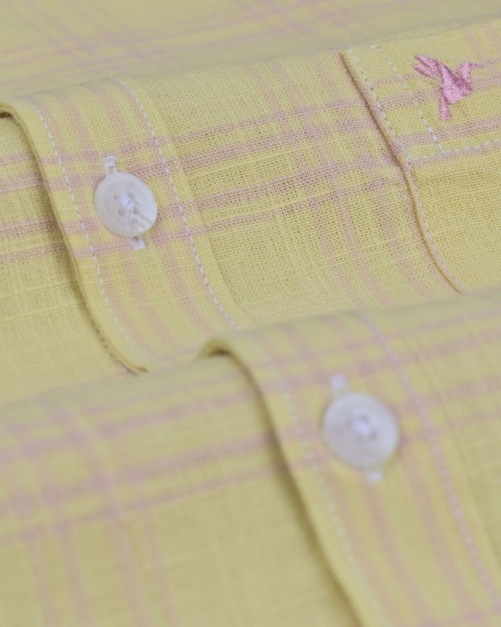 Bright Yellow & Pink Line Checks -Full-Cotton Linen Shirt