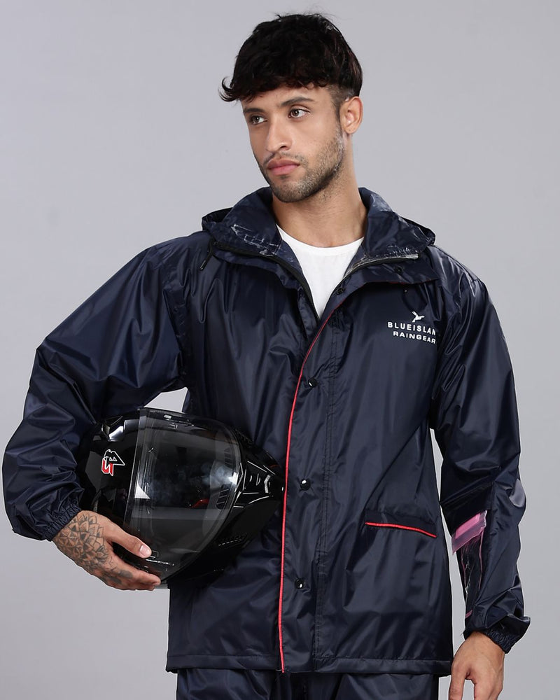 Navy with Red Border - Rain Jacket with Pant and Mobile Pouch