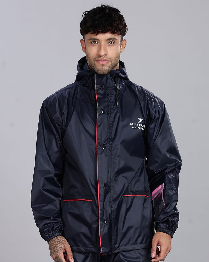 Navy with Red Border - Rain Jacket with Pant and Mobile Pouch