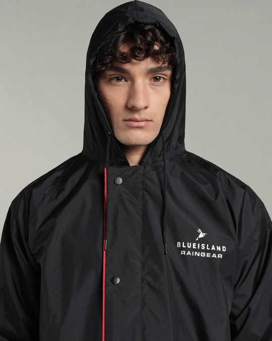 Matte Black with Red Border - Rain Jacket with Pant & Mobile Pouch