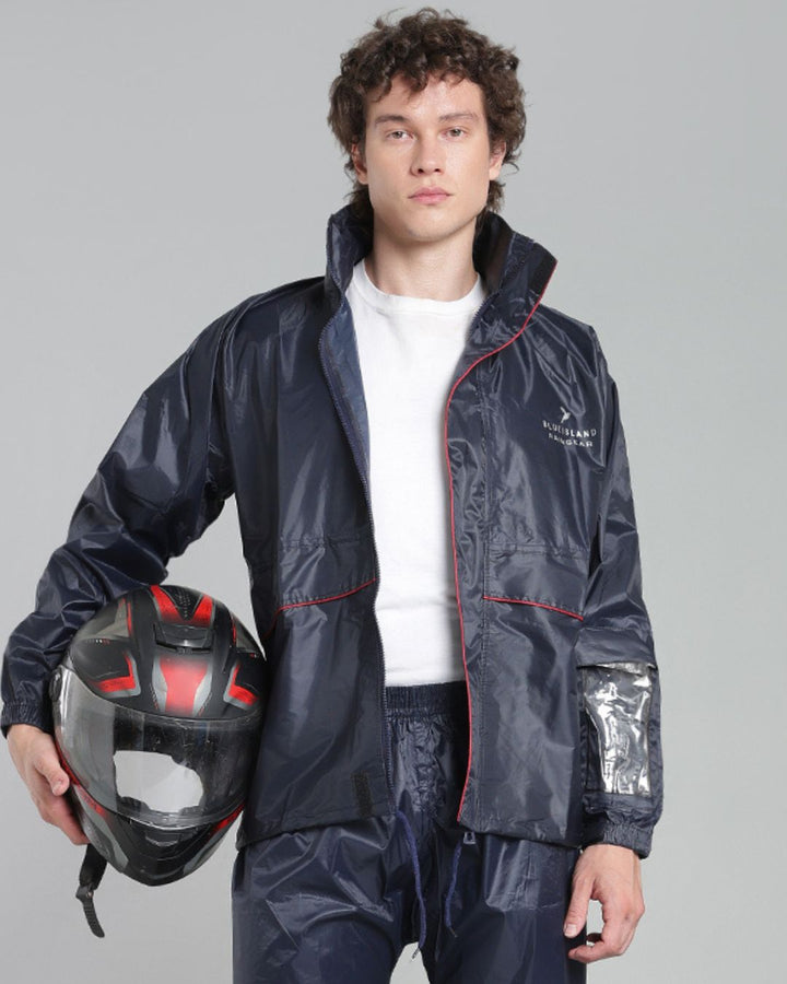 Navy with Red Taping - Rain Jacket with Pant and Mobile Pouch