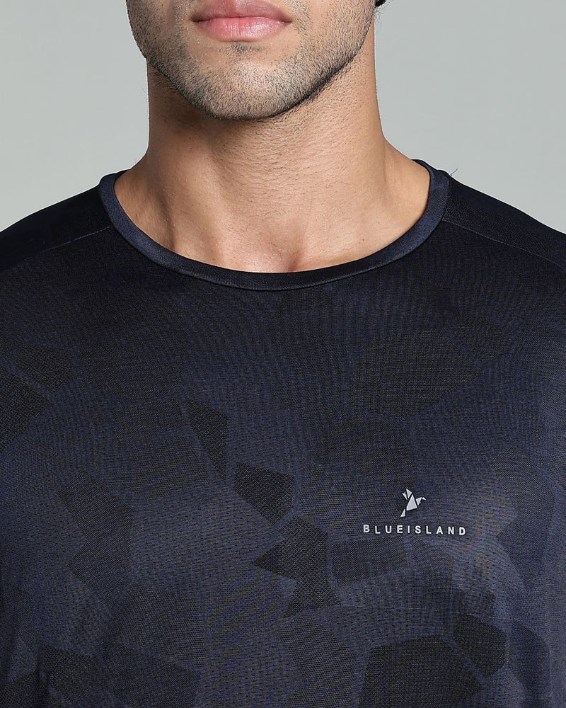 Navy Blue Dotted - Active wear Round neck Tshirt