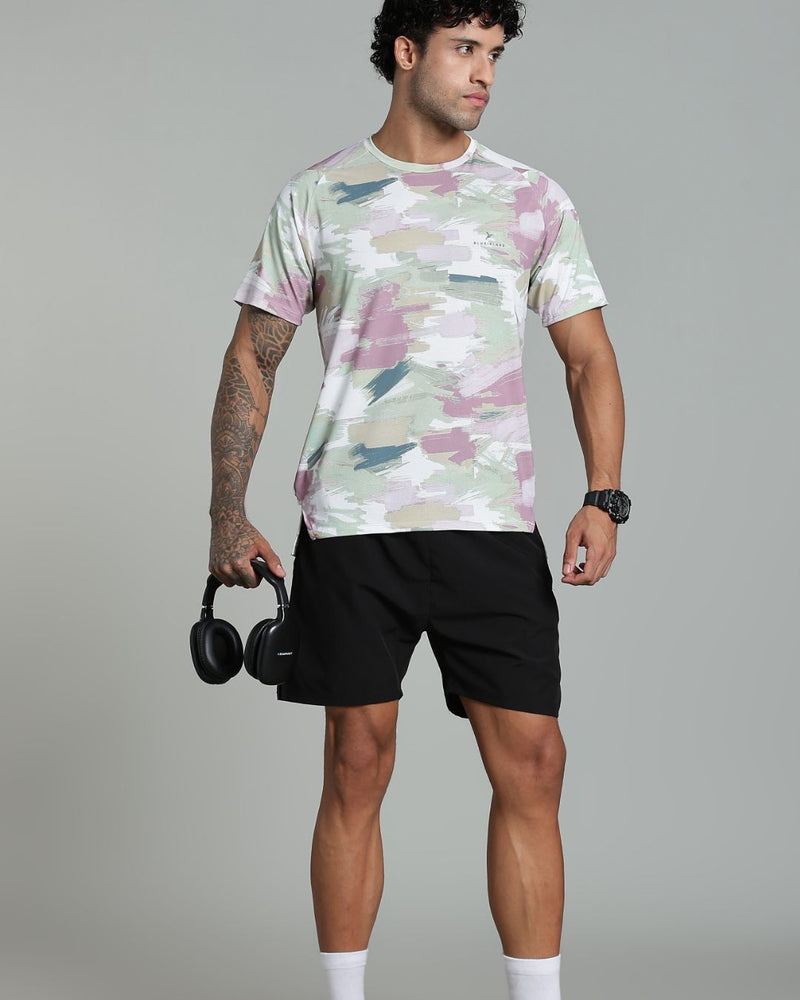 Pistah Green & Pink Splash - Active wear Round neck Tshirt