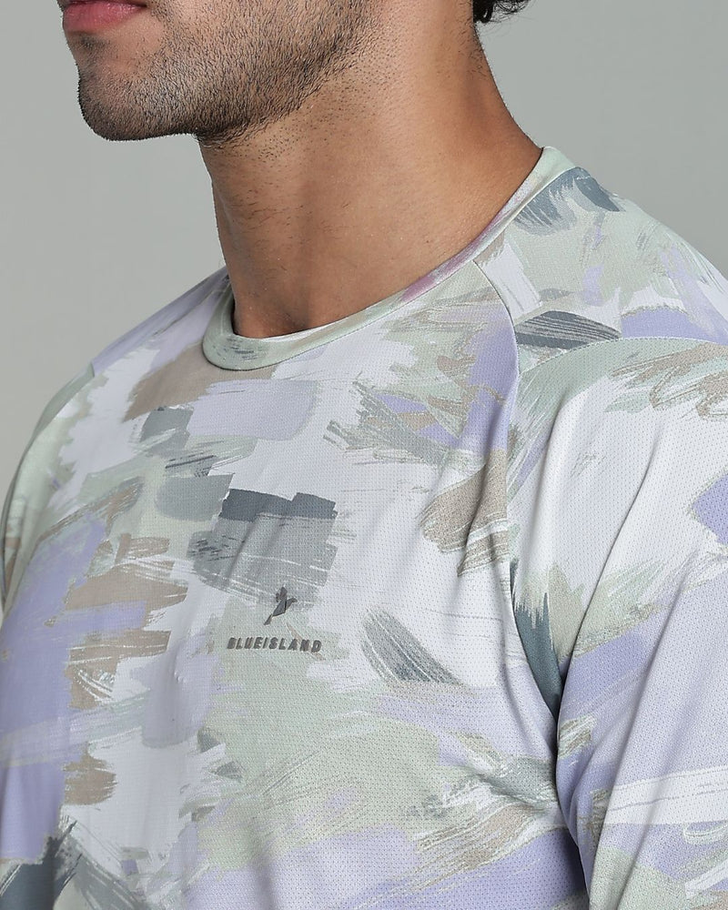 Mild Lavender & Lite Olive Splash - Active wear Round neck Tshirt