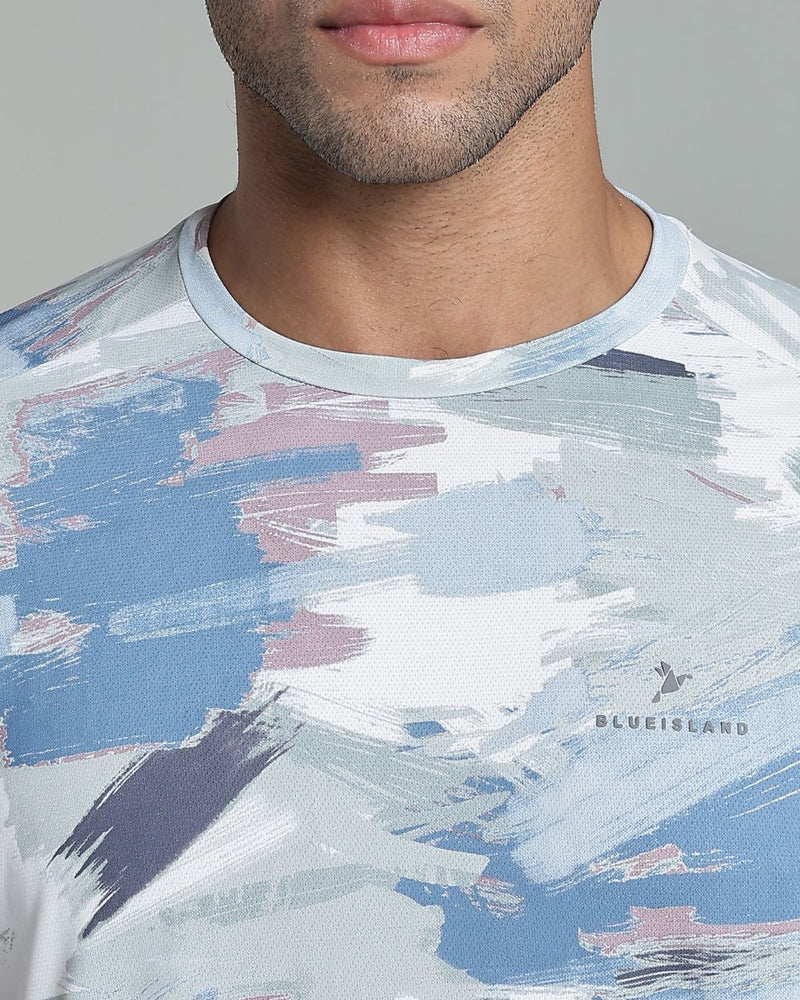 Bluish Grey & Green Splash - Active wear Round neck Tshirt
