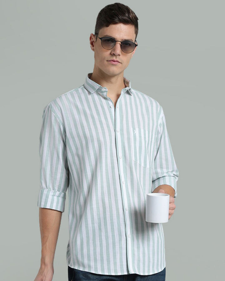White & Green Bold Stripes -Full-Cotton Linen Shirt