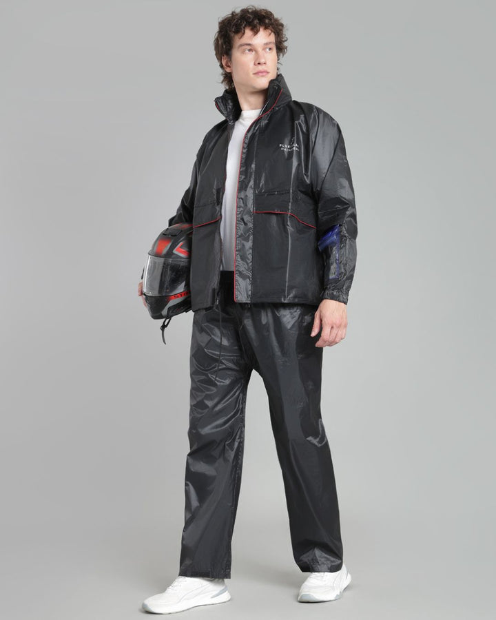 Black with Red Taping - Rain Jacket with Pant and Mobile Pouch