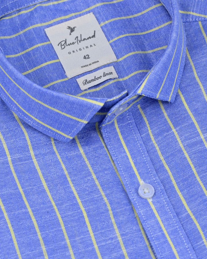 Denim Blue & Yellow Line Stripes -Full-Bamboo Linen