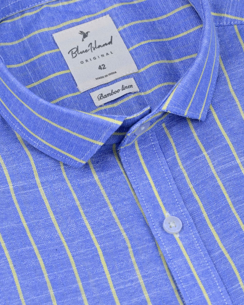 Denim Blue & Yellow Line Stripes -Full-Bamboo Linen