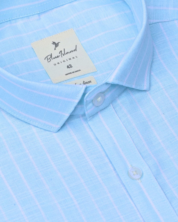 Turq. Blue Stripes -Full-Bamboo Linen