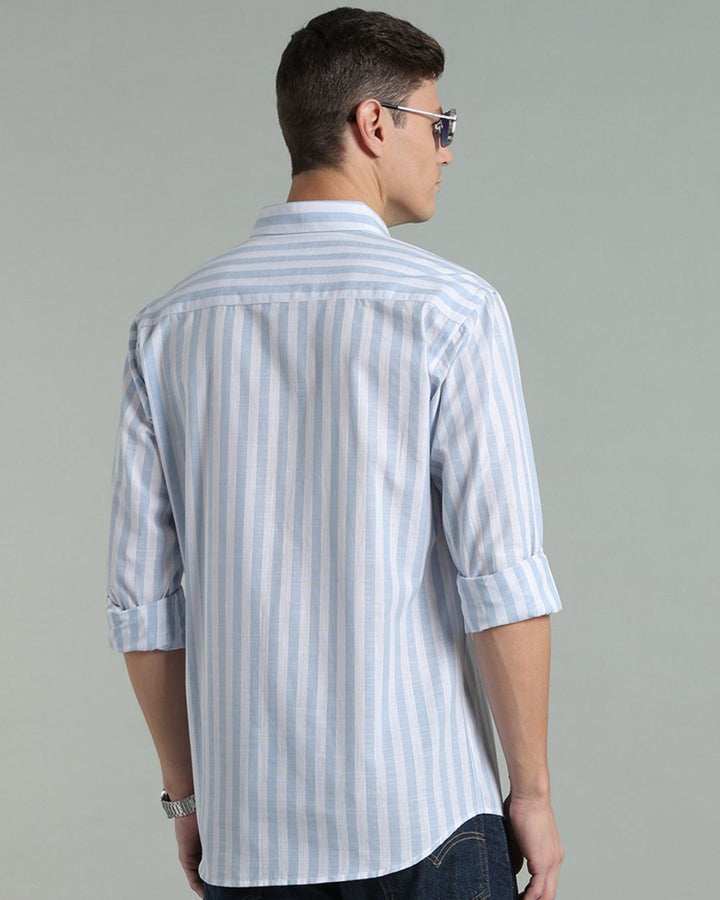 White & Blue Bold Stripes -Full-Cotton Linen Shirt