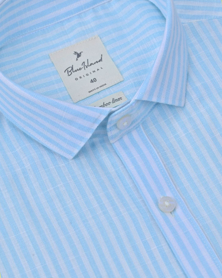 Sky Blue Vertical Stripes -Full-Bamboo Linen