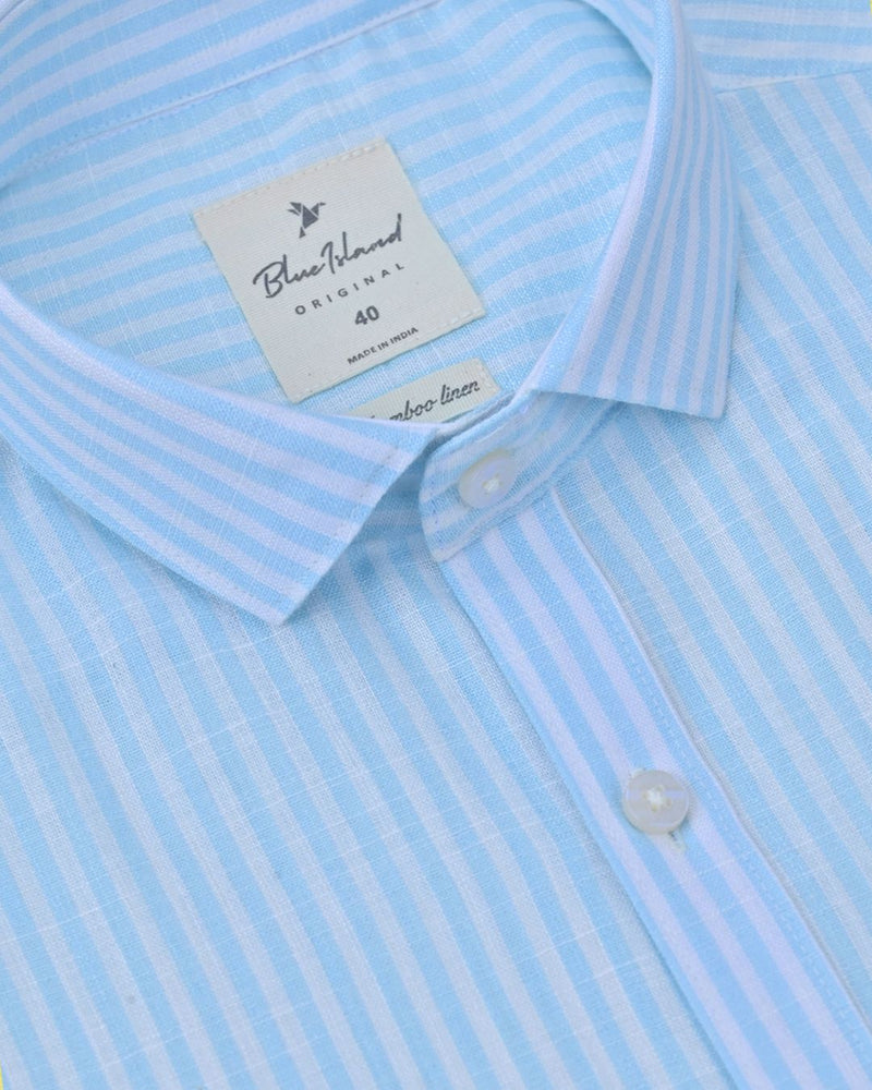 Sky Blue Vertical Stripes -Full-Bamboo Linen