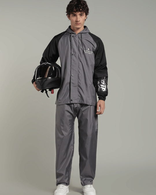 Grey with Black Sleeve - Rain Jacket with Pant & Mobile Pouch