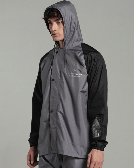 Grey with Black Sleeve - Rain Jacket with Pant & Mobile Pouch