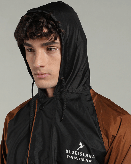 Black with Golden Brown Sleeve - Rain Jacket with Pant & Mobile Pouch