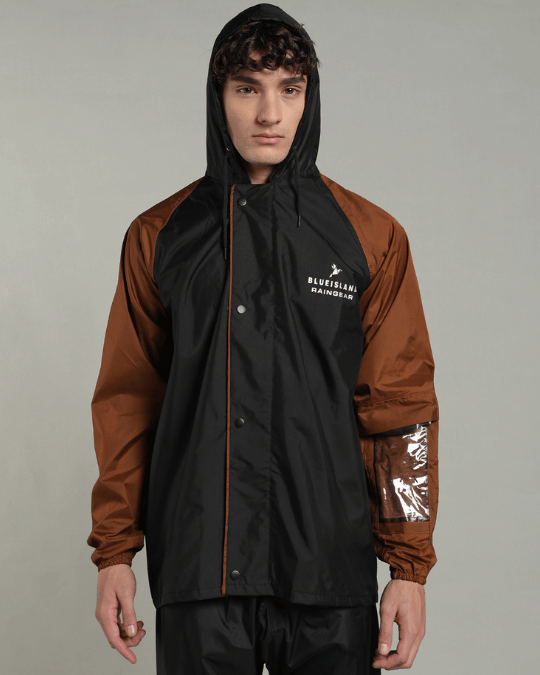 Black with Golden Brown Sleeve - Rain Jacket with Pant & Mobile Pouch