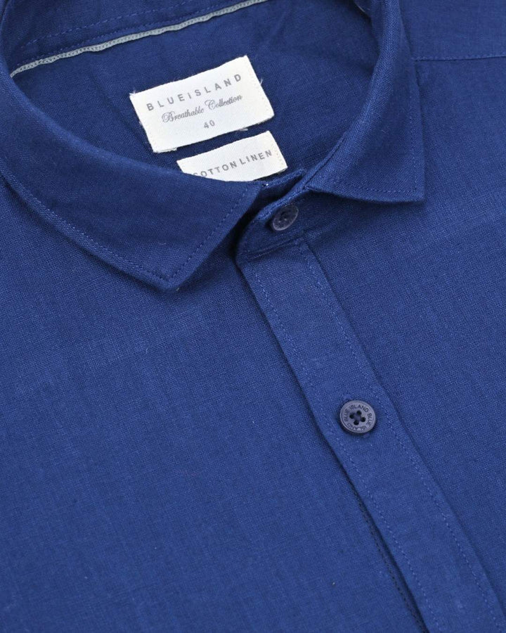Dark Royal Blue Solid-Full-Cotton Linen Shirt